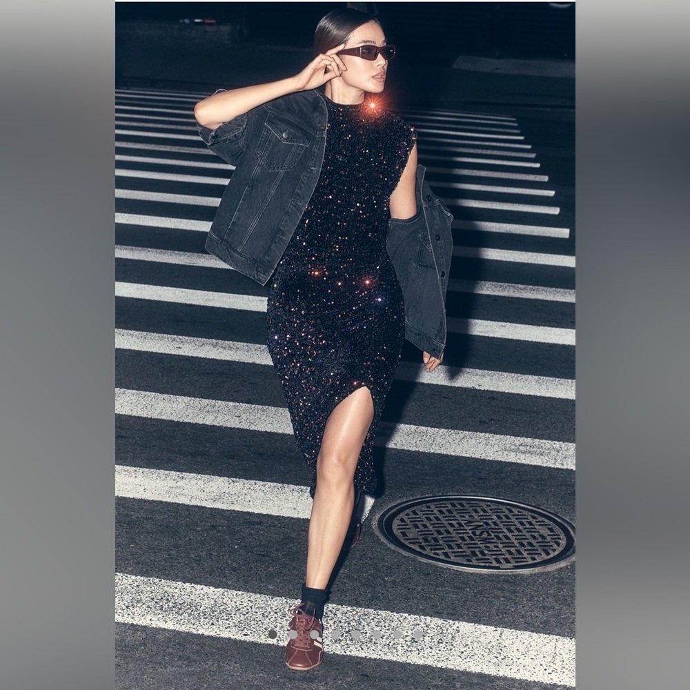 Anthropologie The Maya Ruched Cowl-Neck Sequin Mesh Dress